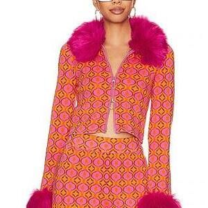 Show Me Your Mumu Zermatt Faux Fur Zip Up in Pink Geo Jacquard in Orange